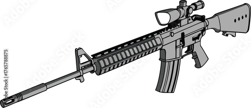 Powerful assault rifle with scope, ready for action; perfect for tactical games, military simulations, or security concepts