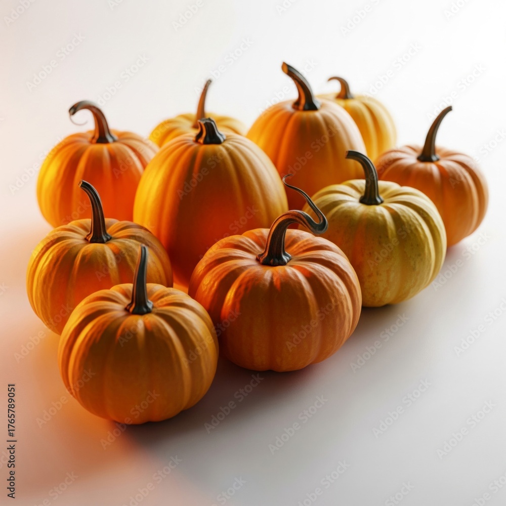 Obraz premium Pile of Ripe Orange Pumpkins with Stems on White Tabletop in Studio Lighting