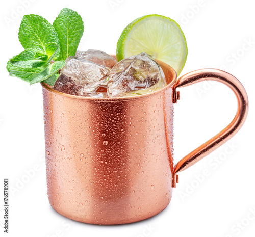 Konstfotografi Сopper cup with Moscow mule drink decorated with lime and mint leaves white background