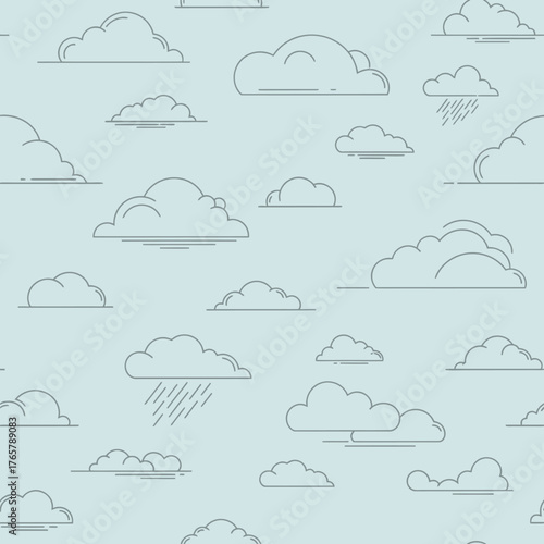 Seamless cloud pattern illustration with subtle grey outlines and soft blue background, perfect for digital or print designs