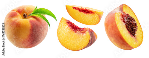 Set of red peach, juicy peach slices isolated on white background. File contains clipping paths.