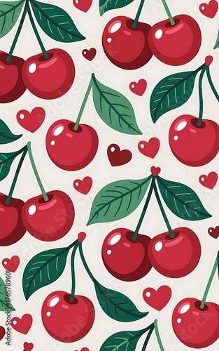 Sweet red cherries and hearts pattern seamless background design