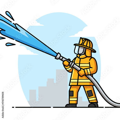 Cartoon illustration of a firefighter in full protective gear spraying a powerful stream of water from a fire hose.