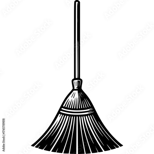 The Simplistic Broom's Embrace: An artistic rendering of a common household broom, presented in a stark, black-and-white style. Every bristle and handle detail is rendered