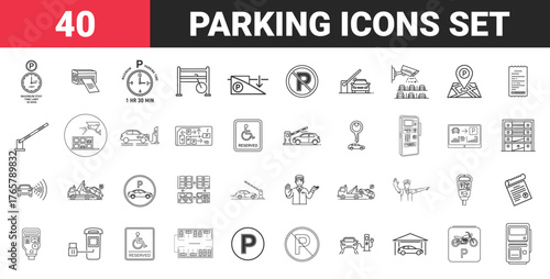 Parking icon set. Black and white linear minimal icons of parking signs, vehicles, meters, gates, and zones. Editable stroke vector collection.