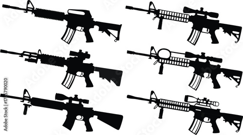 Dynamic collection of modern assault rifle silhouettes, ideal for tactical design, military themes, and strategic game elements