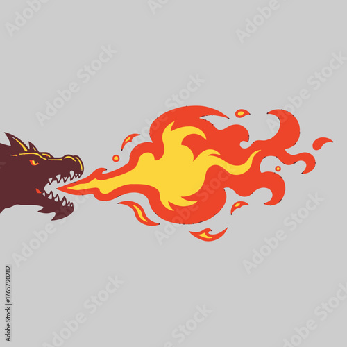 A stylized illustration of a dragon breathing a large plume of fire and smoke.