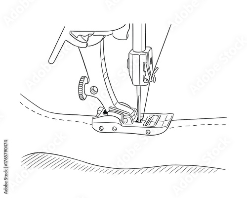 Close-up Technical Illustration of Sewing Machine Needle Working on Fabric Section