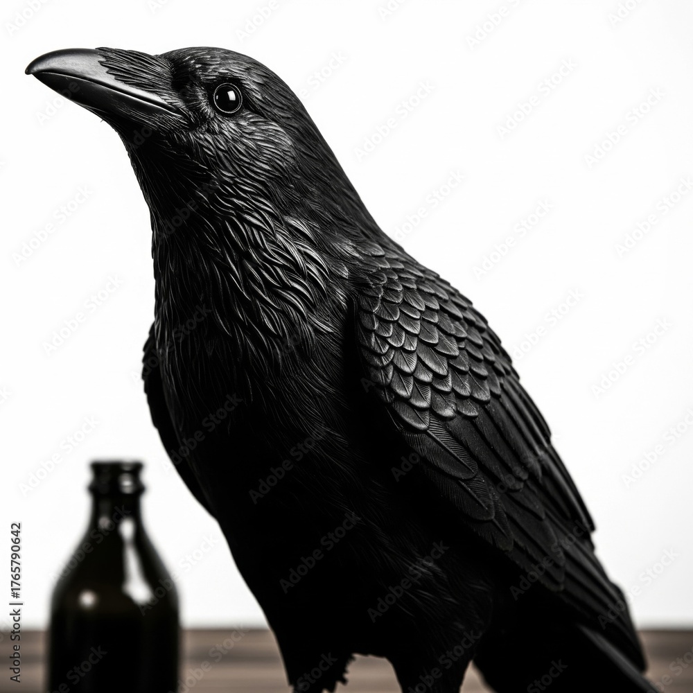 Fototapeta premium Close Up of a Black Raven Statue Against a Neutral Background