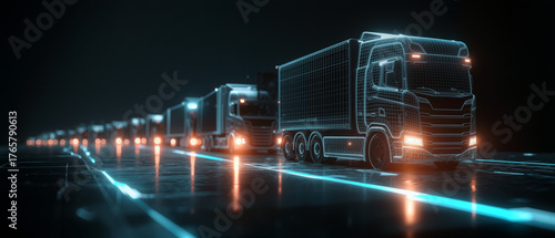 Fleet of cargo trucks transporting goods along a highway at night