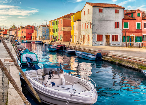 Colorful houses along the canal, island of Burano, Venice, Italy