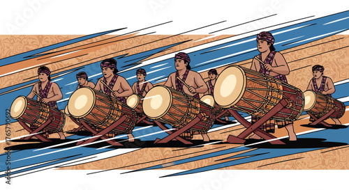 Indonesian Musicians Playing Drums A Colorful Illustration of Traditional Performance