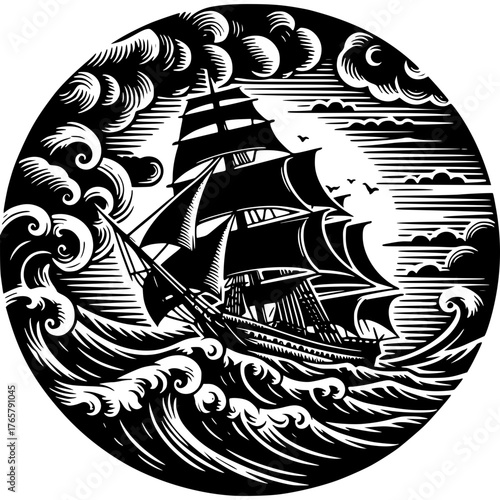 Voyaging Through the Storm: A majestic sailboat boldly navigates treacherous seas under a turbulent sky, embodying adventure and the resilience of human exploration. 