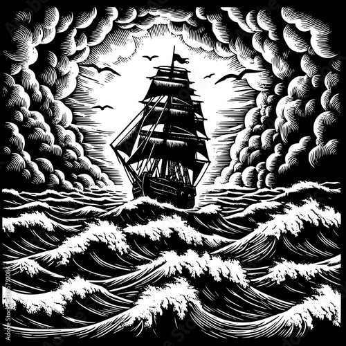 Sailing Ship through Stormy Seas: A majestic sailing ship navigates turbulent waters beneath a dramatic sky, evoking a sense of adventure, power, and the untamed ocean.