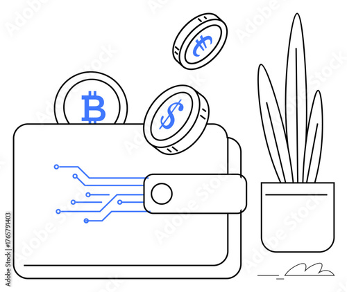 Wallet with electronic design elements and Bitcoin, dollar coins flying out potted plant nearby. Ideal for cryptocurrency, fintech, blockchain, e-commerce, finance, savings, investment concepts