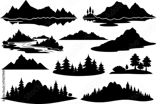 Mountain Landscape Silhouette Vector Set Isolated on White Background