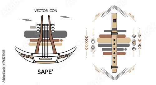 Detailed Vector Illustrations of a Sape' Instrument and a Flute, Showcasing Ethnic Musical Culture