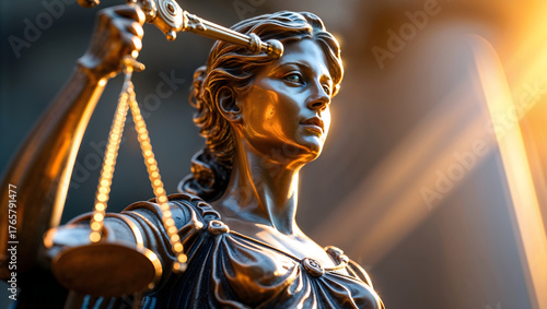 Cinematic photo of Lady Justice bronze statue, warm backlight, sunbeams, detailed toga folds, balanced scales, golden light, majestic photorealistic portrait generative AI