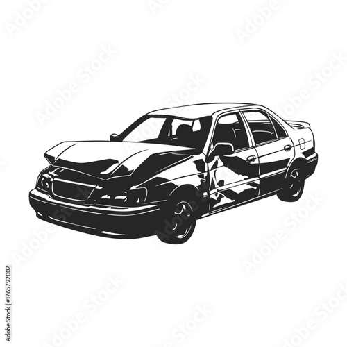 Black and White Line Art Illustration of Crashed Car