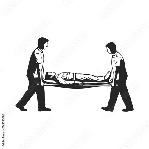 Black and White Line Art Illustration of People Carrying Stretcher