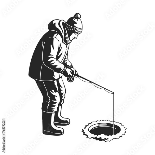 Black and White Line Art Illustration of Ice Fishing Person