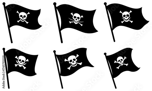 Dynamic pirate skull flags wave boldly, embodying adventure, rebellion, and maritime legend, perfect for themed designs and historical narratives.