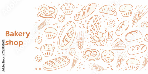 Hand drawn bakery shop illustration with various baked goods and wheat ears on a white background