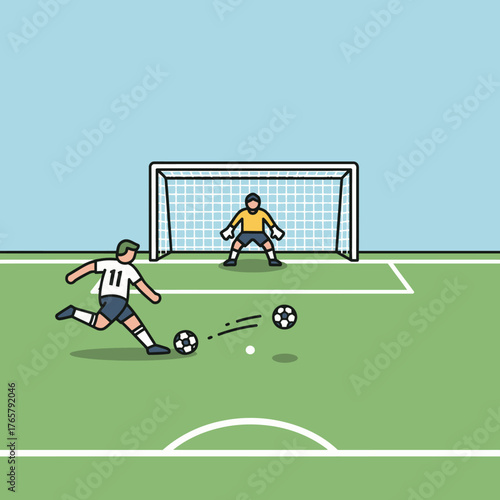 A cartoon illustration of a soccer player kicking a ball towards the goal with a goalkeeper ready to save it on a green field.