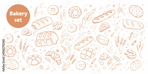 Hand drawn bakery set with bread croissants donuts and wheat ears in a simple doodle style