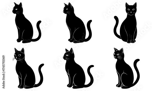 Elegant black cats in various seated poses offer a sophisticated visual element for design projects, evoking mystery and grace.