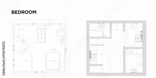 Architectural floor plan sketches of a modern bedroom and living space with furniture layouts