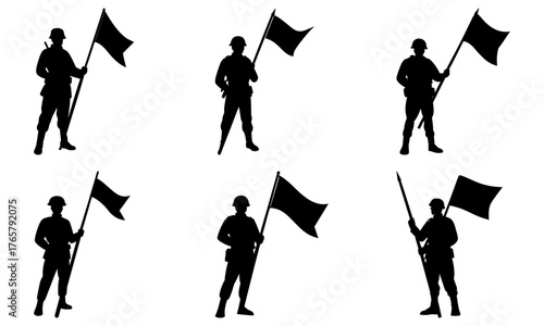 Proud soldiers holding flags symbolizing national pride and freedom, powerful silhouettes for patriotic campaigns and historical themes.
