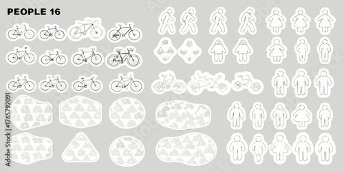 Collection of simple line art bicycle and human figure icons with abstract shapes