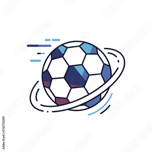 Stylized soccer ball with motion lines and orbiting ring, vector illustration.