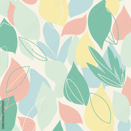 Seamless pattern with abstract pastel colored leaves on a light background, featuring a gentle and decorative design.