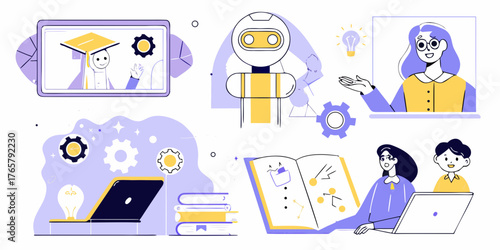 Robotics and artificial intelligence education and learning concept with students and robots