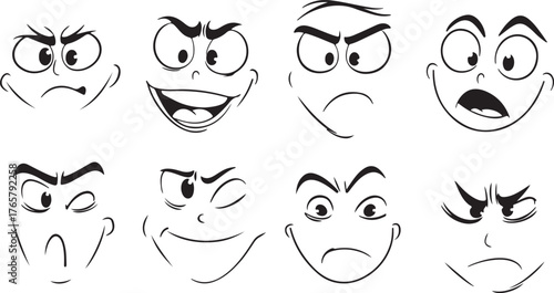 Vector set of funny cartoon eyes and faces illustration collection featuring black character expressions like a smile or an angry symbol