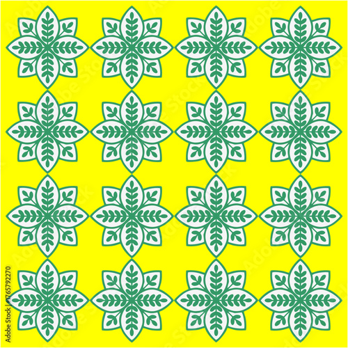 A bright geometric pattern of green leaf-shaped stars arranged symmetrically over a vivid yellow background, symbolizing freshness, balance, and the rhythm of nature.