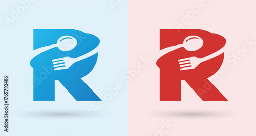 Letter R Spoon Fork Food Monogram Logo For Restaurant Brand Identity Modern Minimal Design Template

