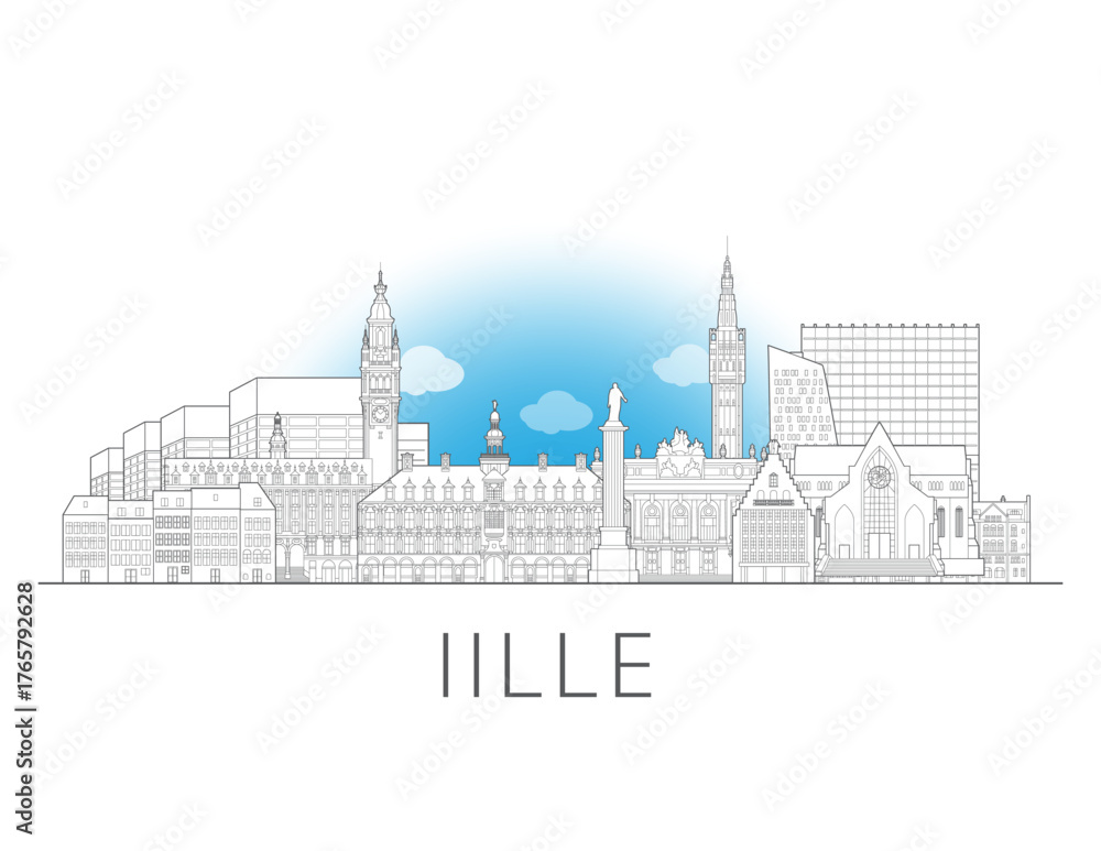 Fototapeta premium Lille, France, cityscape illustration skyline drawing