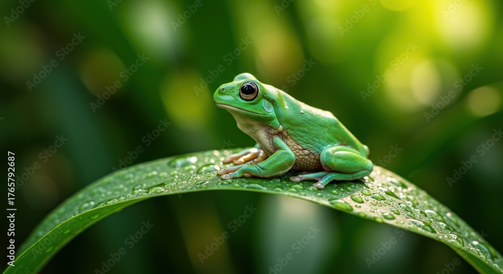 Obraz premium A vibrant green frog rests peacefully on a lush, curved leaf in a natural setting.