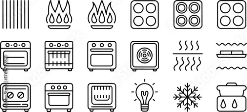 Collection of Cooking Appliance Icons for Kitchen Designs and Restaurant Menus Representing Heating Cooling and Food Preparation