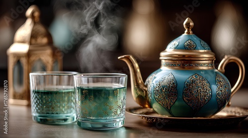 Blue Moroccan Teapot with Mint Tea Glasses