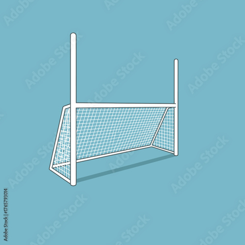 Illustration of a white sports goal with a net and two tall posts on a light blue background.