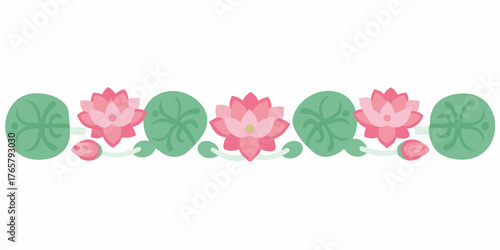 Decorative horizontal border with pink lotus flowers green lily pads and buds