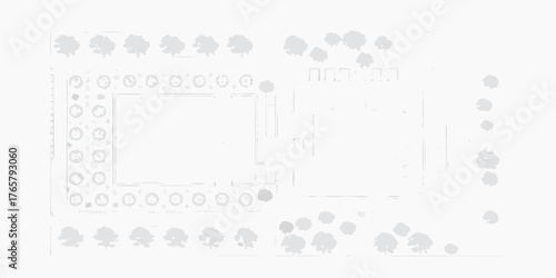 Architectural top down view of a building complex with surrounding trees and garden elements