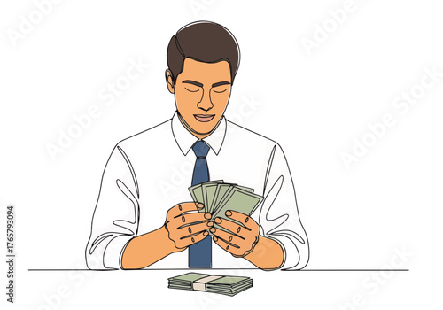 A businessman counting cash money. Continuous one line art drawing of a man holding banknotes. Financial success, income, and salary concept graphic