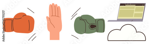 Two boxing gloves facing a raised hand, symbolizing mediation, next to a laptop and cloud icon, representing technology and connectivity. Ideal for conflict management, collaboration, communication