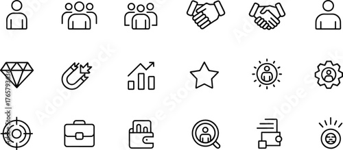 Business and Management Line Icons Symbolizing Success and Strategy with Clear Visuals for Business Concepts