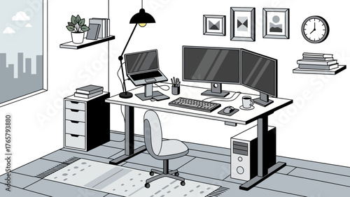 A modern home office setup featuring an adjustable standing desk with dual monitors, a laptop, and a comfortable ergonomic chair.